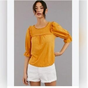 Anthropologie Mustard Ruffle Smocked Puff Sleeve Blouse